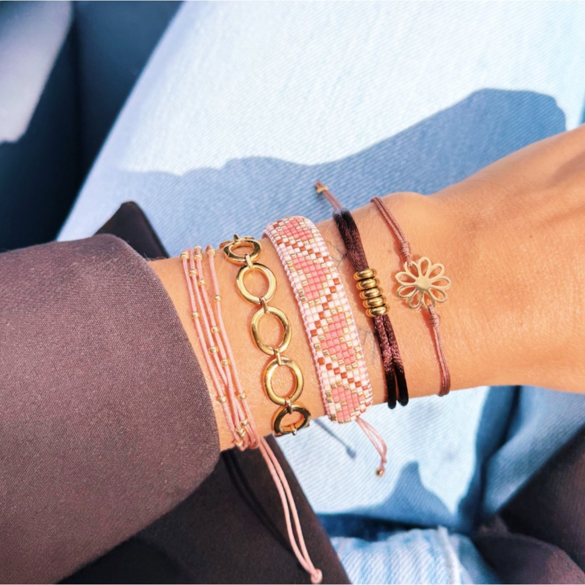 BAZOU Hartpatroon geweven armband - Coral/cognac