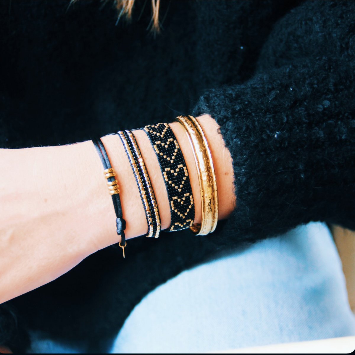 BAZOU Hart geweven armband - zwart/verguld
