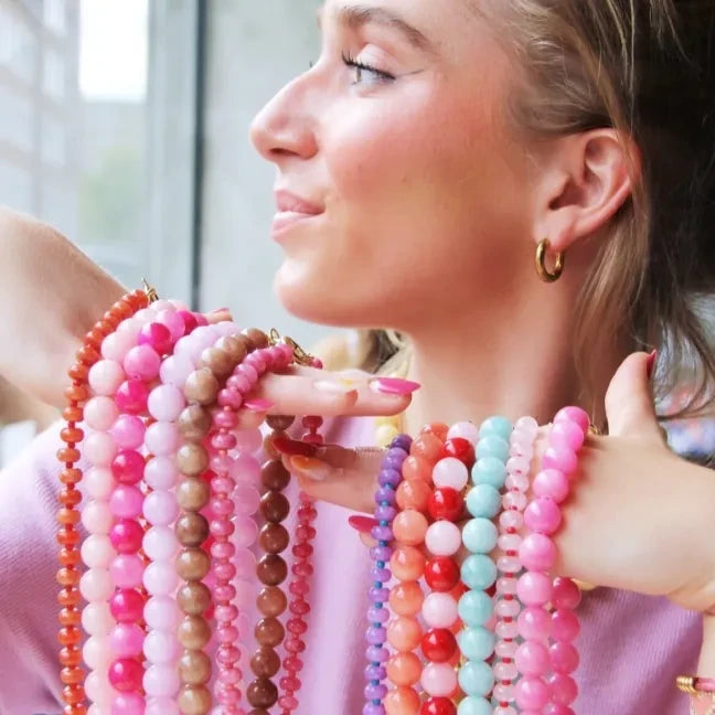 BAZOU Natural Stone Bead ketting XL - Meng oranje/lichtroze/fuchsia