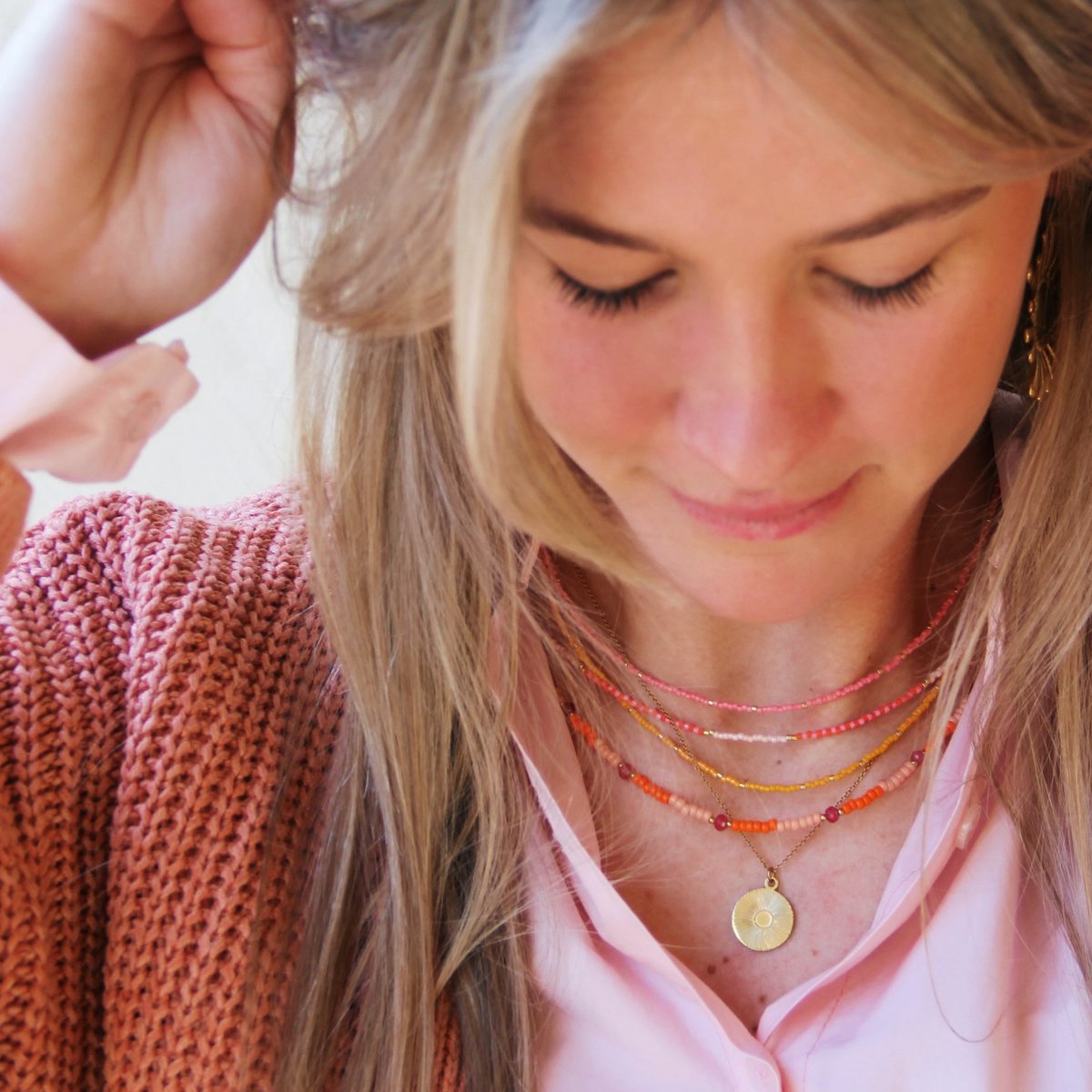 Kralen ketting oranje/roze/naakt