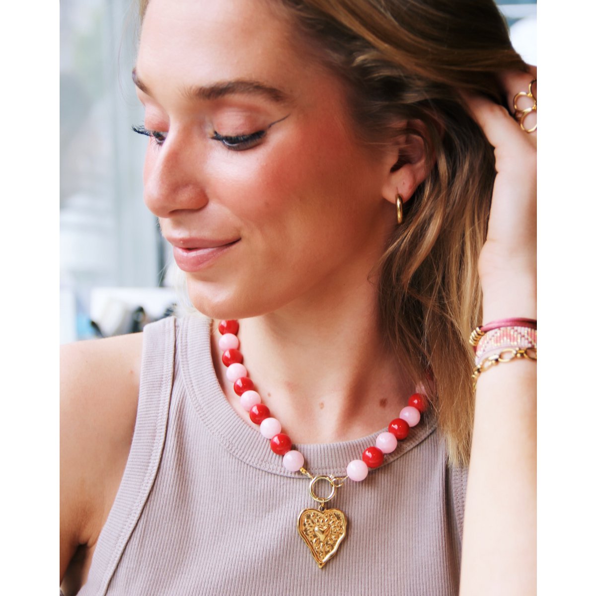 BAZOU Natuurlijke stenen kralenketting xl - rood/roze