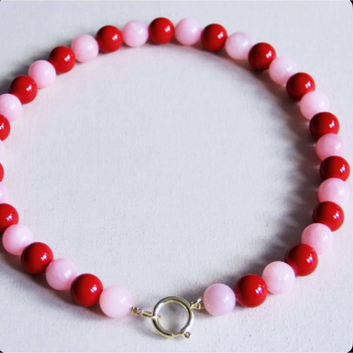 BAZOU Natuurlijke stenen kralenketting xl - rood/roze