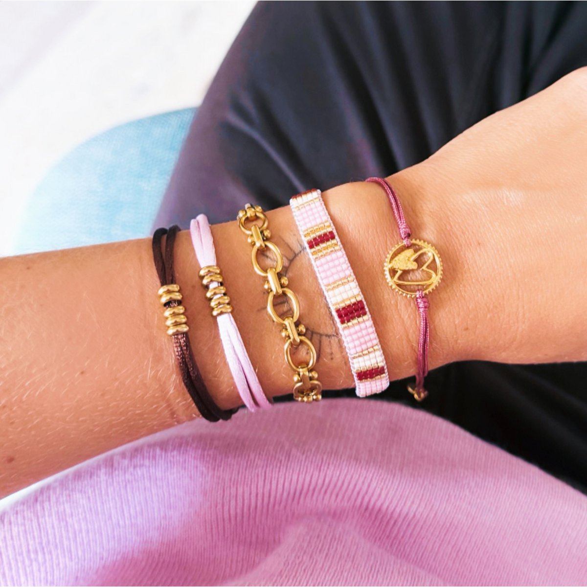 BAZOU Weven Bracelet Striped - naakt/roze/bruin