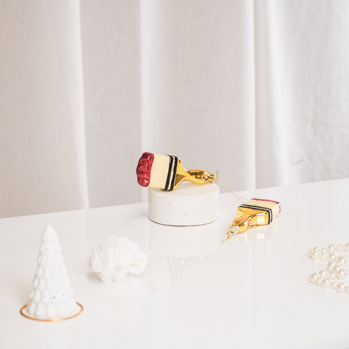 Kersthanger - Penseel - Glas - Goud/Rood - 5x2,5x12,5cm