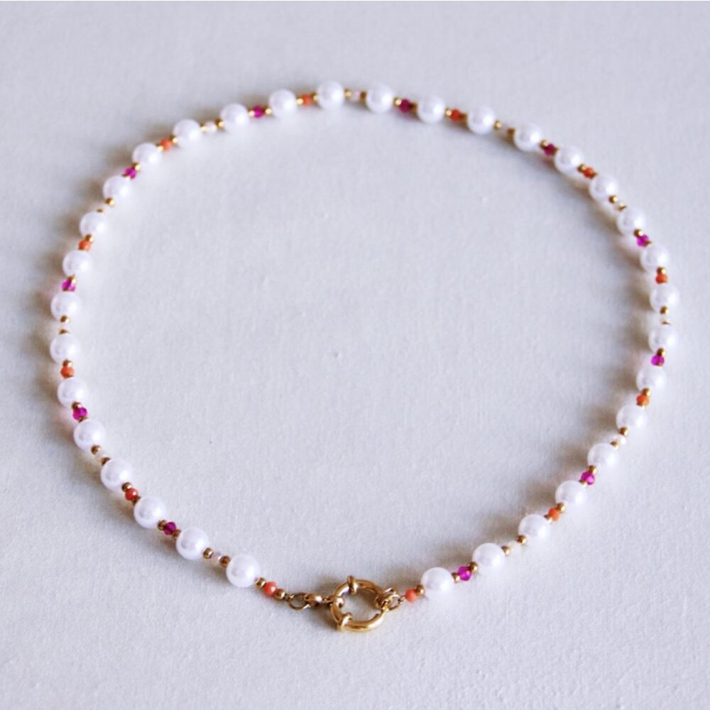 BAZOU Parelsketting met gekleurde facetten en ronde gesp - lila/fuchsia/oranje