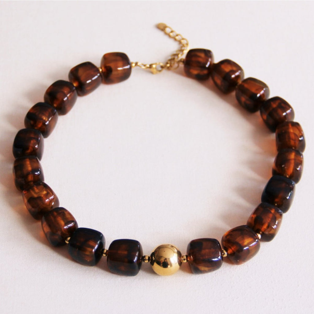 XL Square Bead ketting - Bruin gevlekt