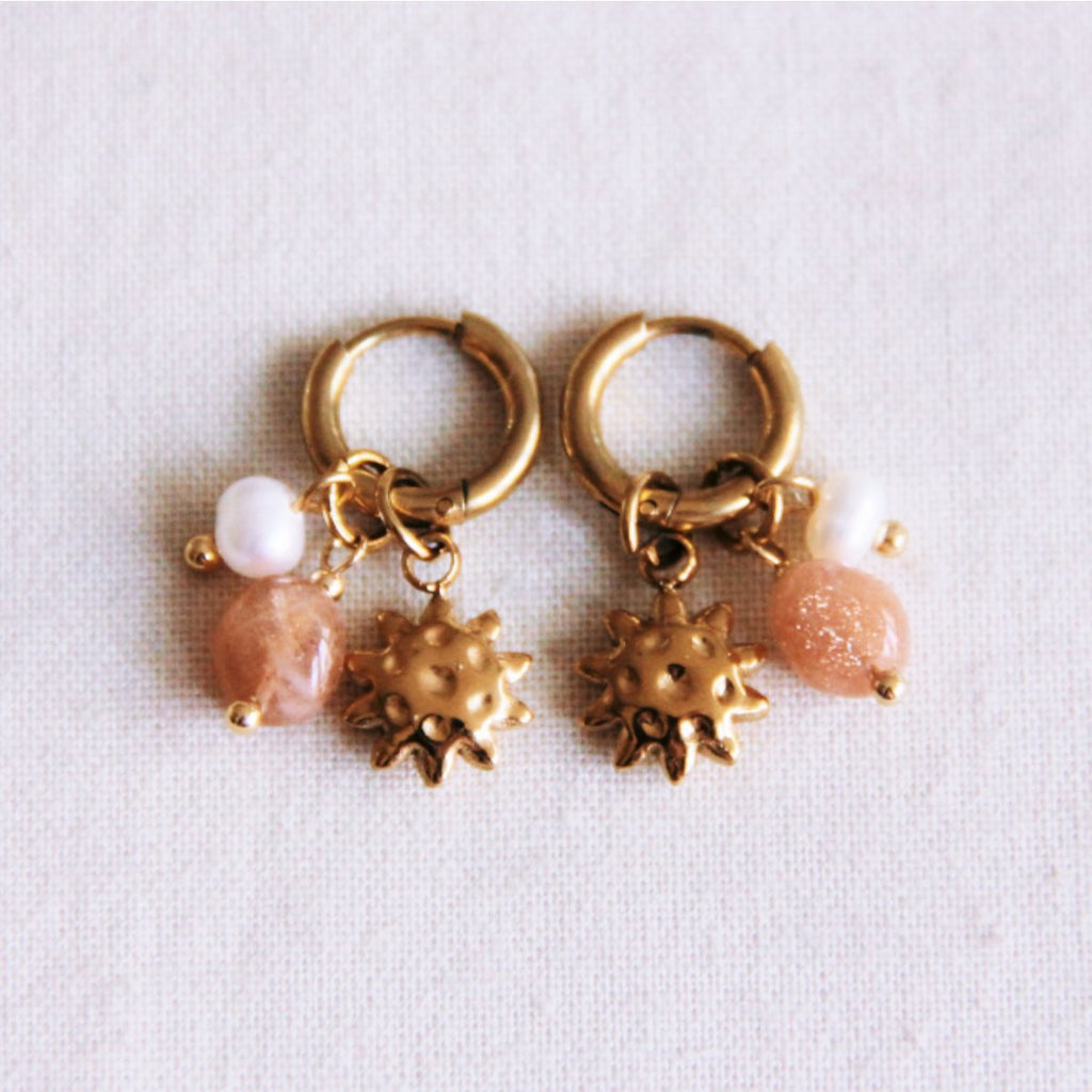 BAZOU Stainless steel hoop earrings with sun, stone and pearls - sunstone
