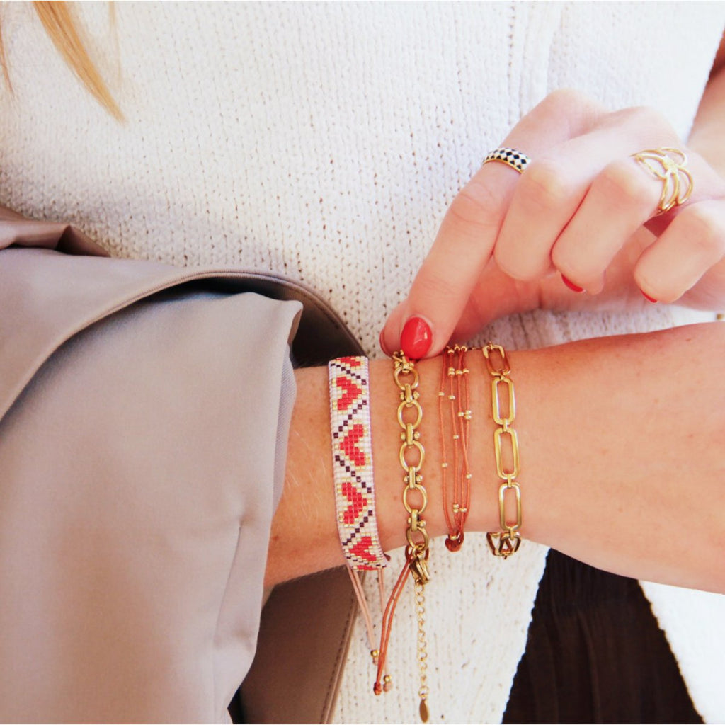 BAZOU Hartpatroon geweven armband - rood/bruin