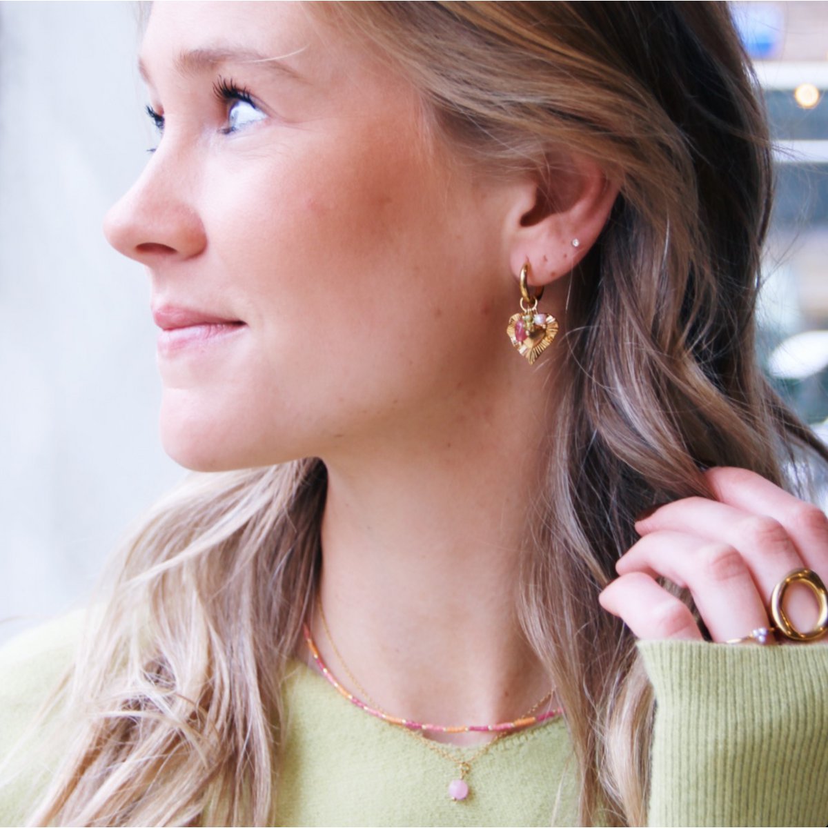 BAZOU Stainless steel hoop earrings with HEART and colored cluster
