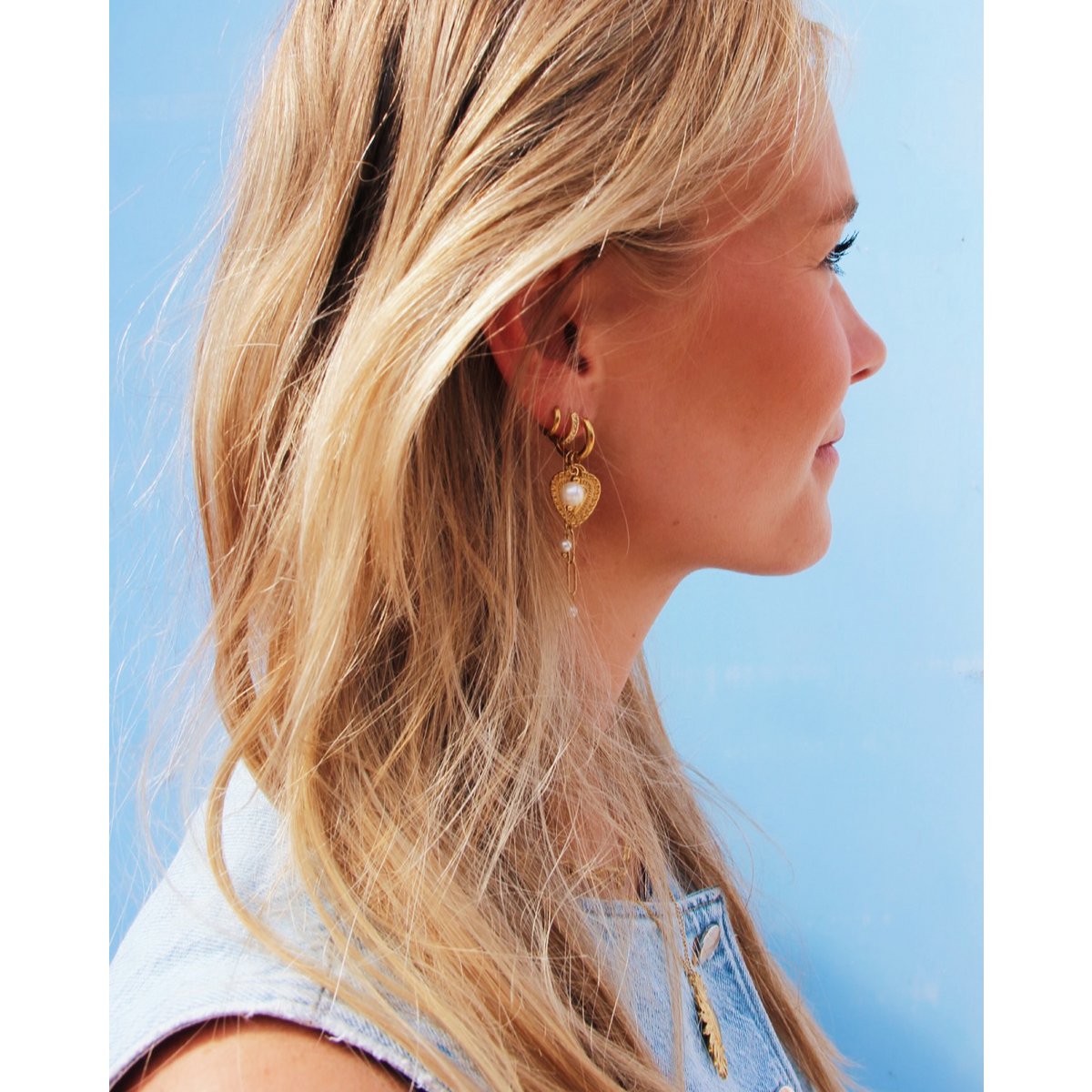 Bazou Oorbel met hart, parel en parelketting