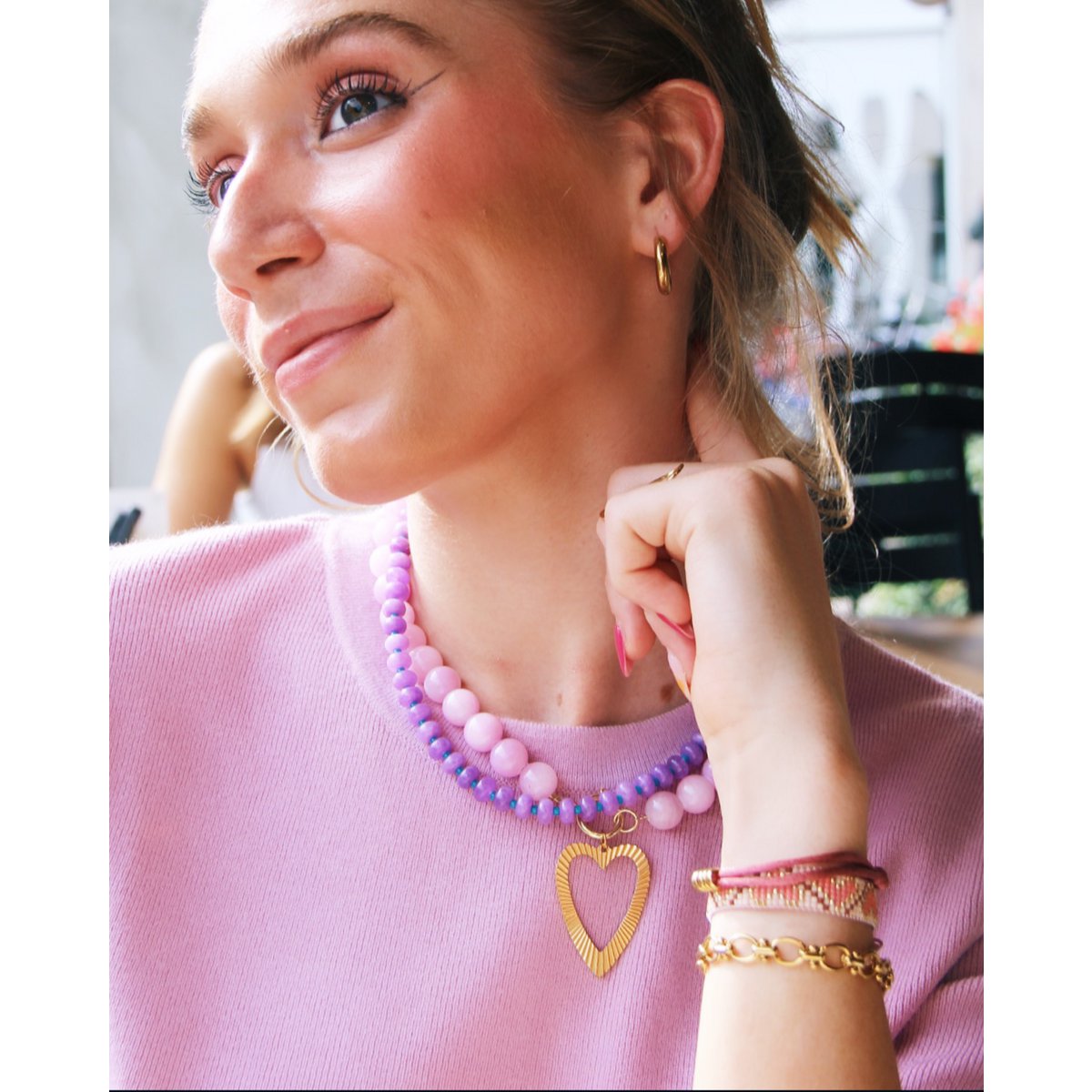BAZOU Natuurlijke stenen kralenketting xl - roze/fuchsia