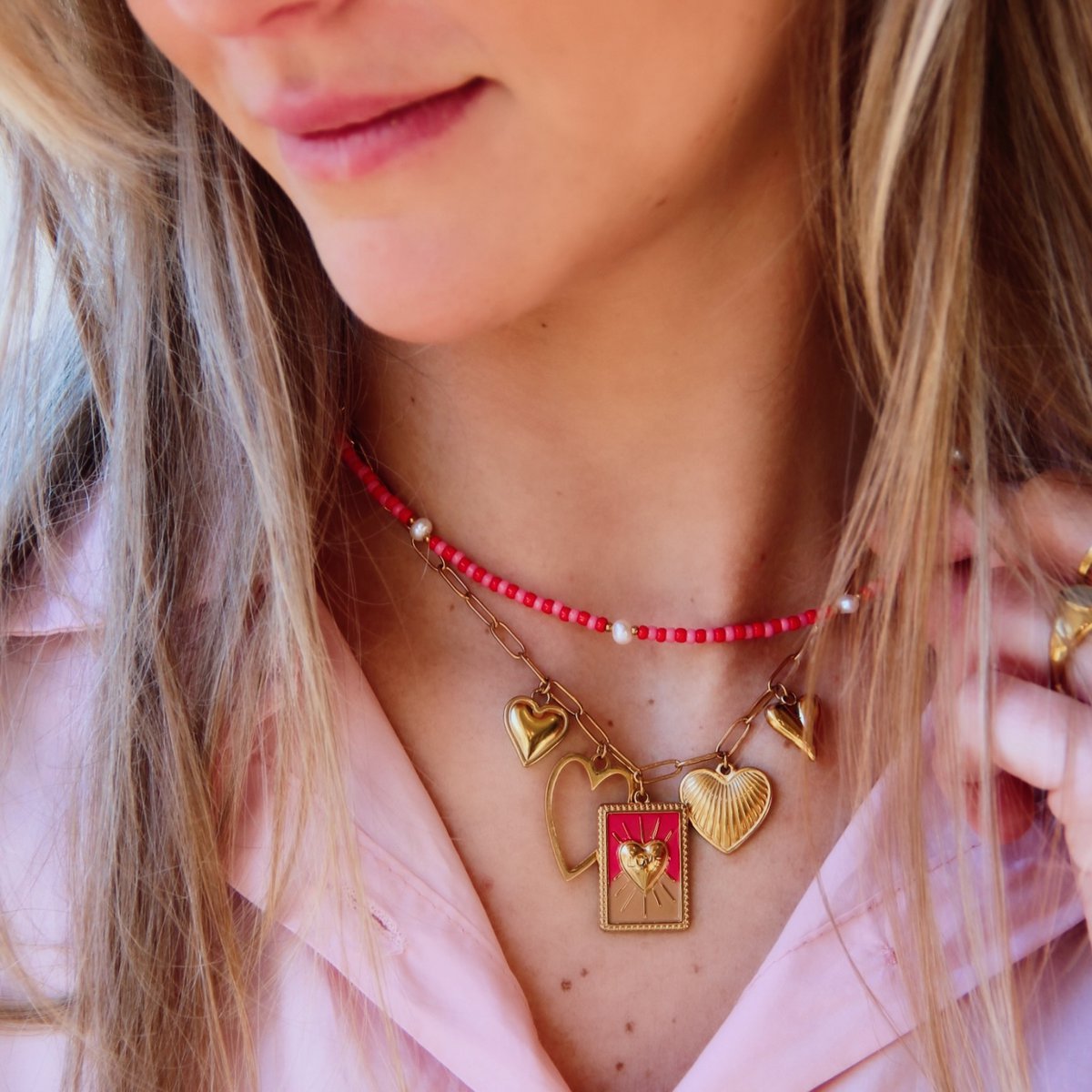 Kralen ketting met parels - rood/roze