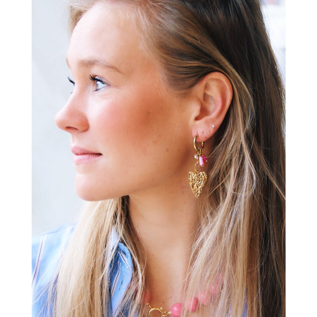 Brede roestvrijstalen ring met ketting, hart en cluster - roze/oranje