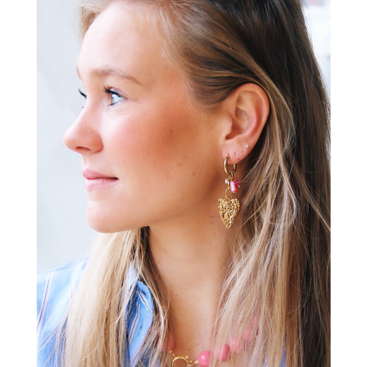 Brede roestvrijstalen ring met ketting, hart en cluster - roze/oranje