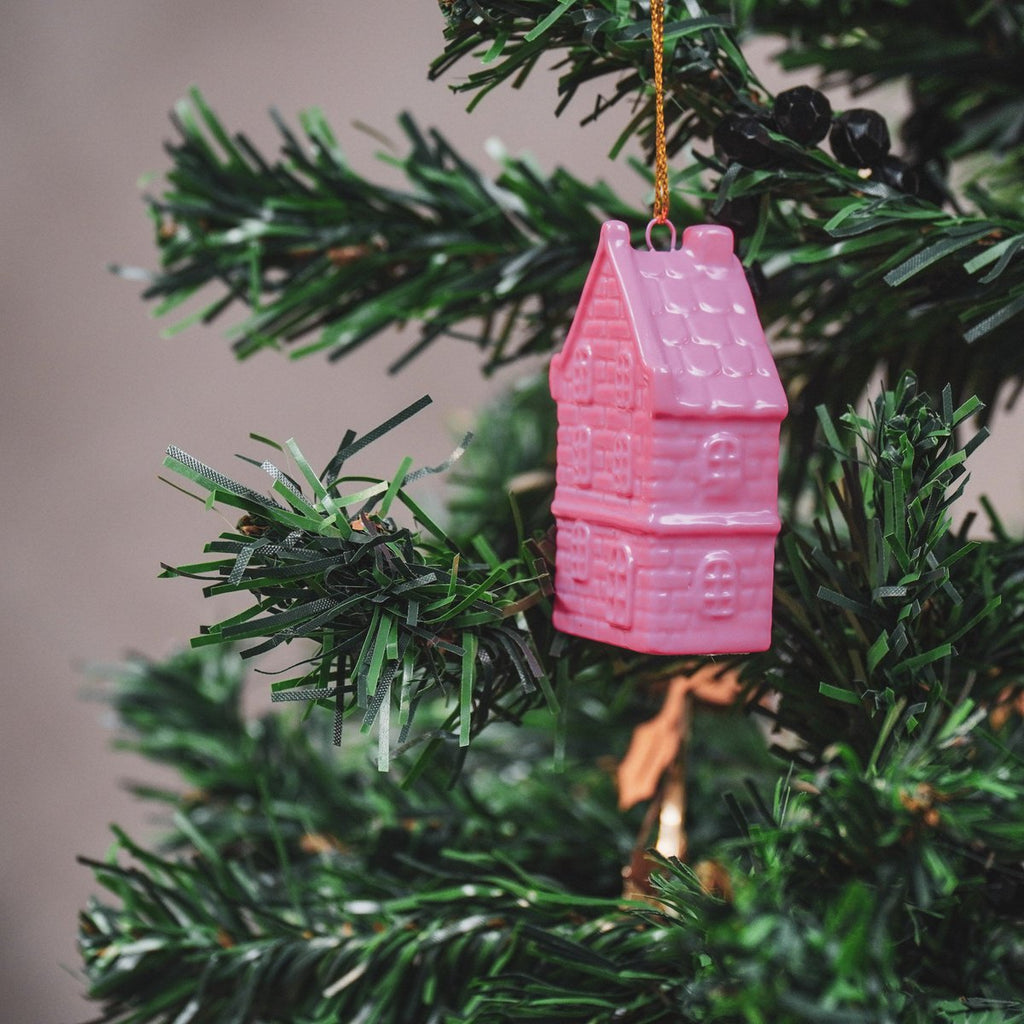 Kersthanger - Huisje - Keramiek - Neon Roze - 3,5x2x6,5cm