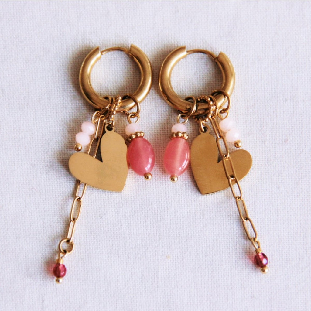 BAZOU Stainless steel wide hoop earrings with heart, d-chain and facets - coral/nude