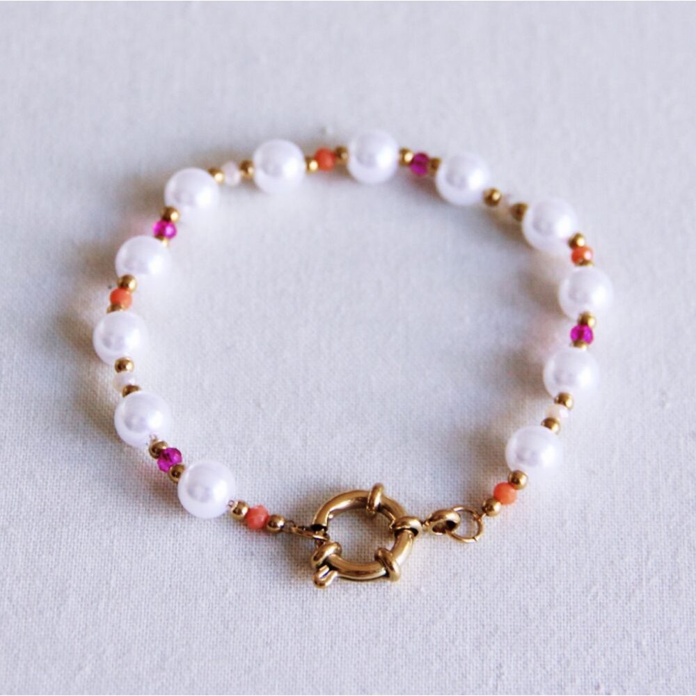 BAZOU Parelarmband met gekleurde facetten en ronde sluiting - lila/fuchsia/oranje