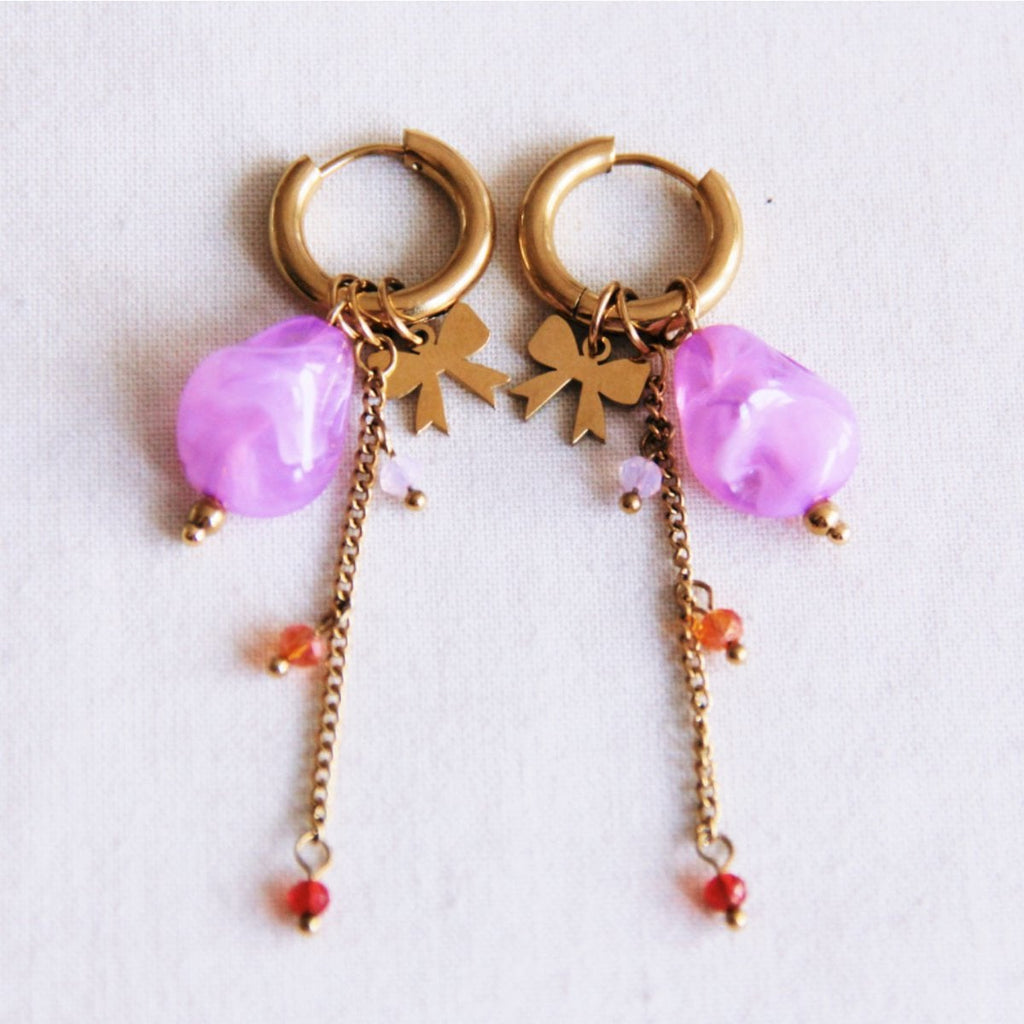 BAZOU Stainless steel hoop earrings with bow, nugget and faceted garland - lilac