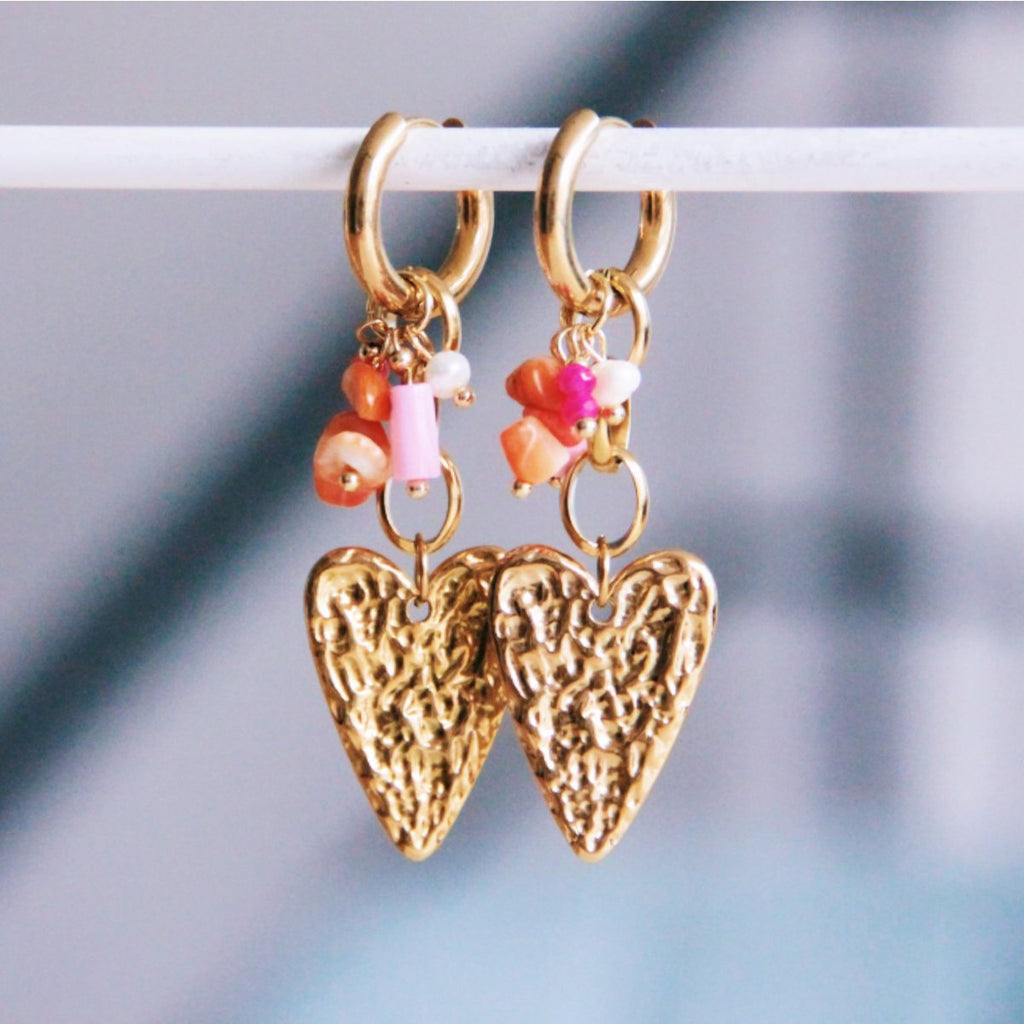 Brede roestvrijstalen ring met ketting, hart en cluster - roze/oranje