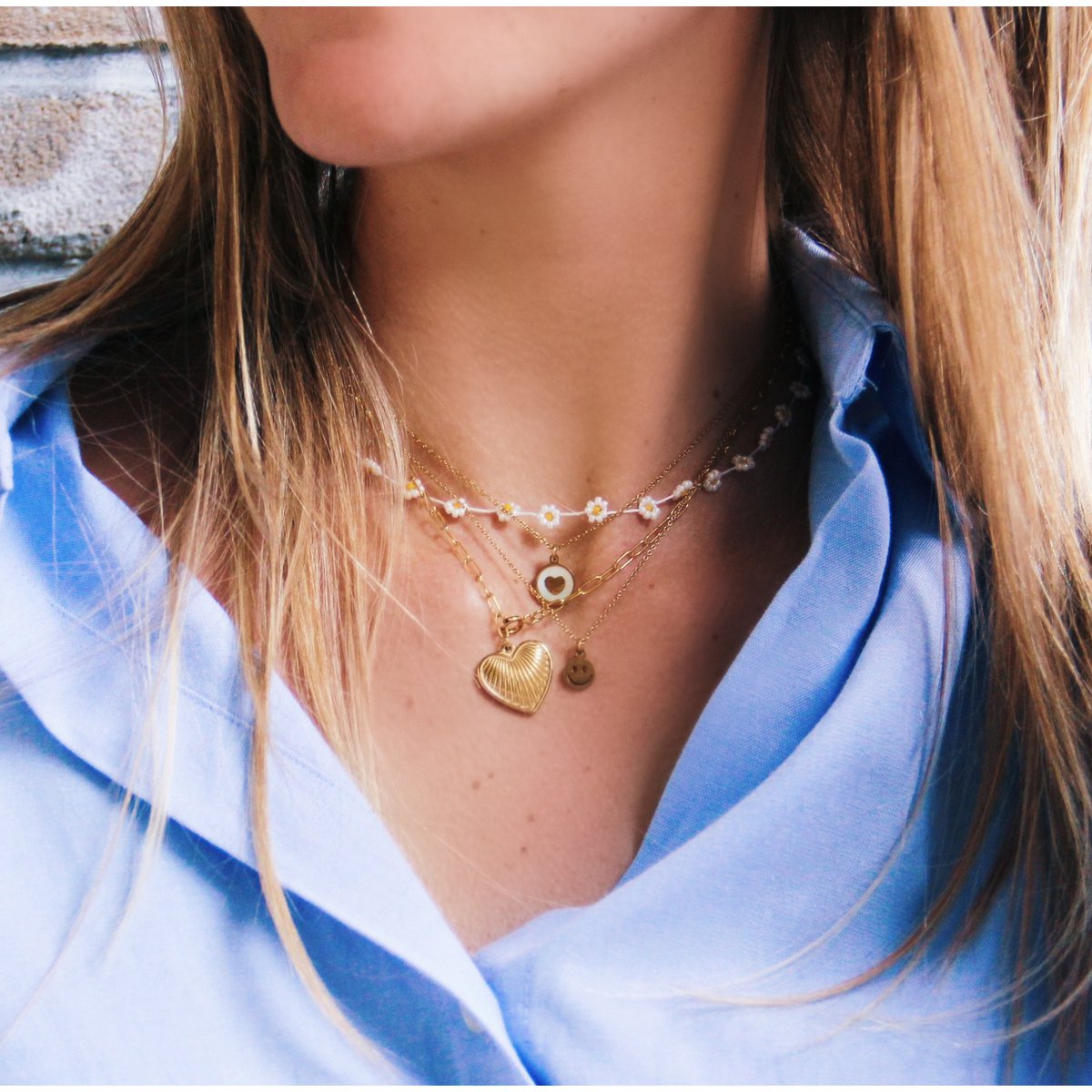 Edelstalen fijne ketting met smiley - goud