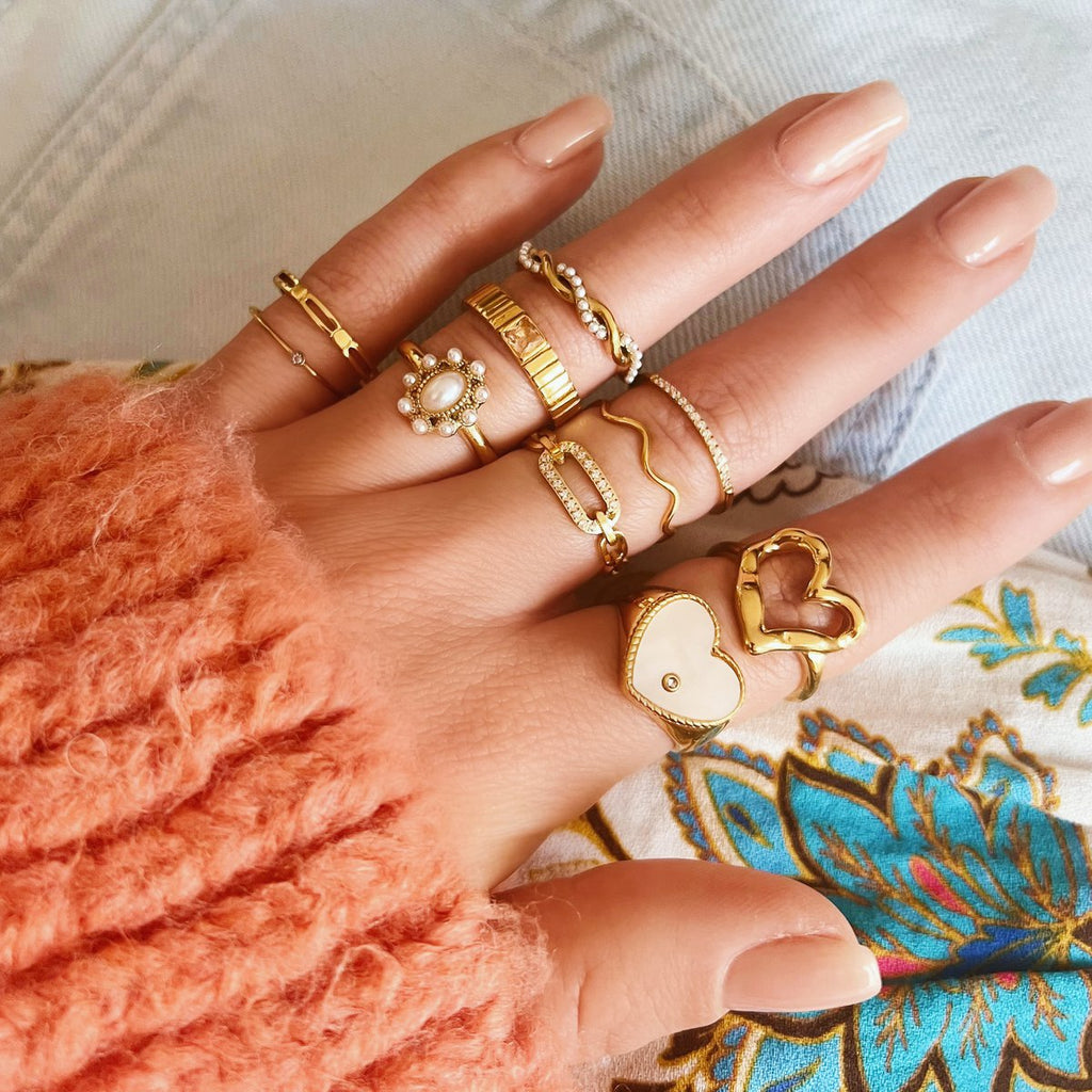 BAZOU R609: RVS minimalistische ring met blokjes - goud
