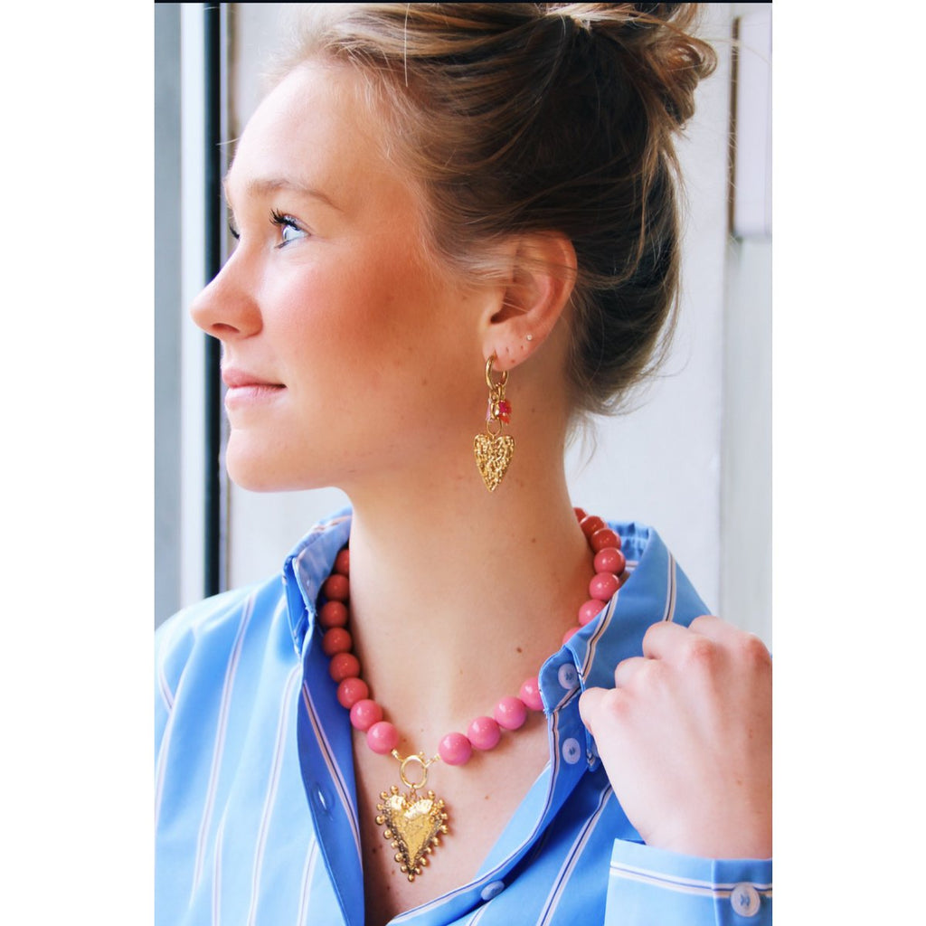 Brede roestvrijstalen ring met ketting, hart en cluster - roze/oranje