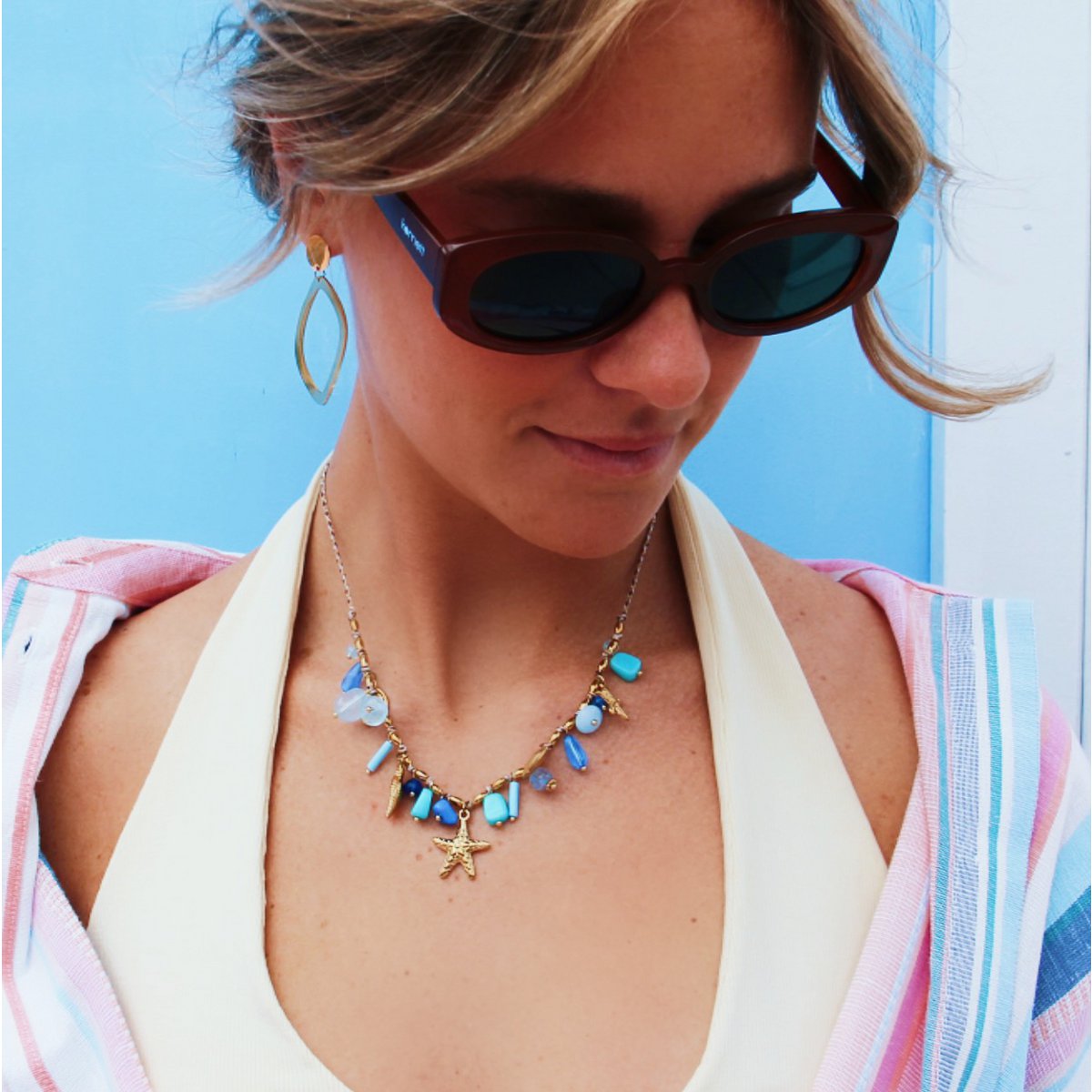 BAZOU RVS gevlochten ketting met shell charmes en mint/blauwe stenen