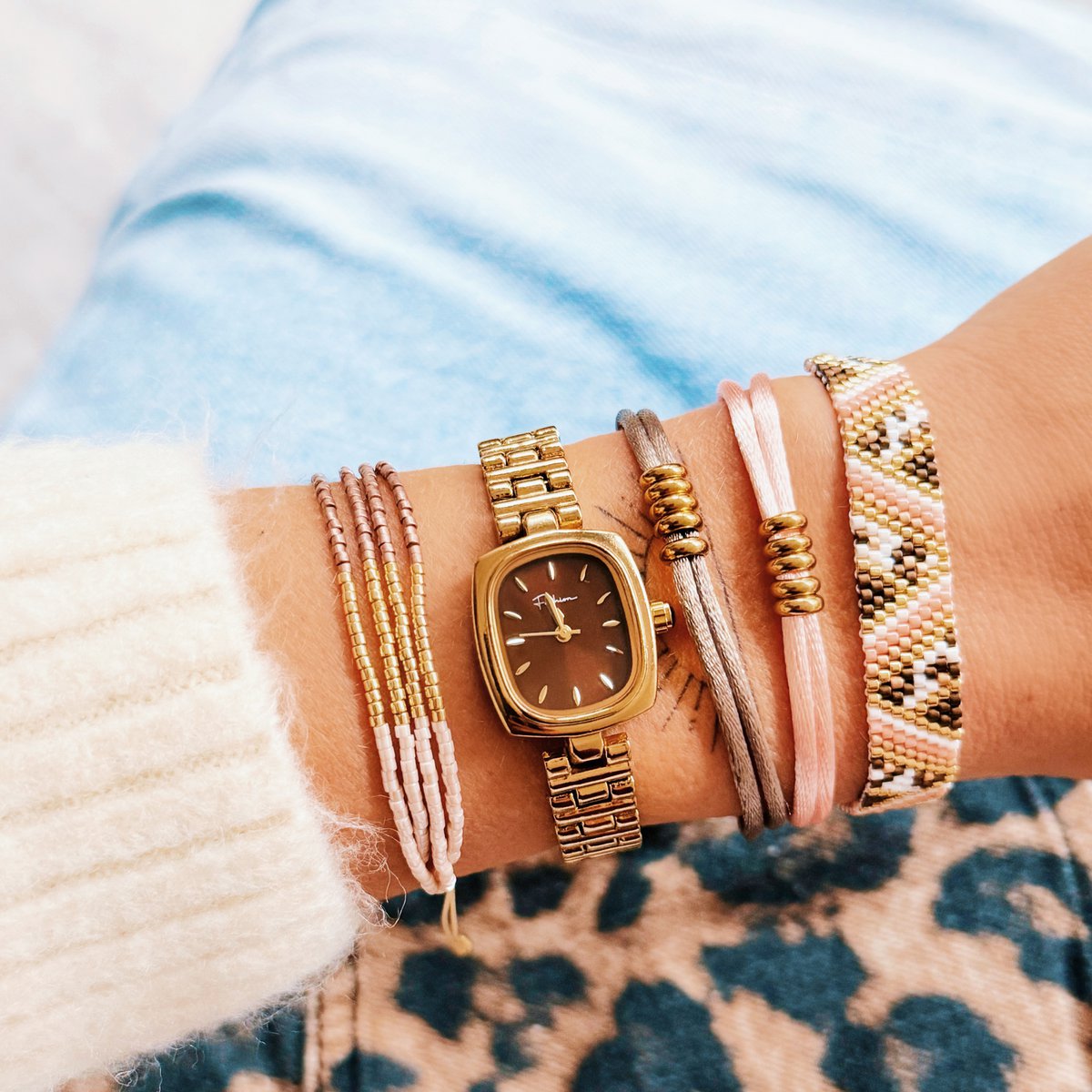 Viervoudige Miyuki -armband - Bordeaux/lnude/Goldplated
