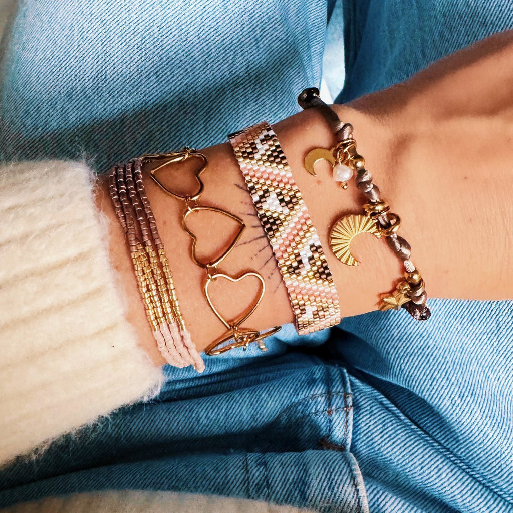 BAZOU Weven armband met zigzag en luipaardprint - zalm/bruin/wit