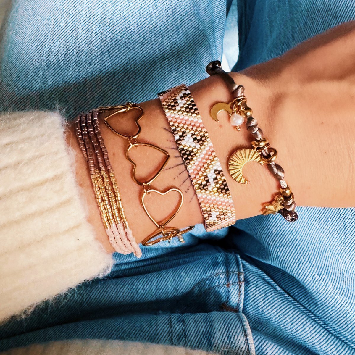 BAZOU Weven armband met zigzag en luipaardprint - zalm/bruin/wit