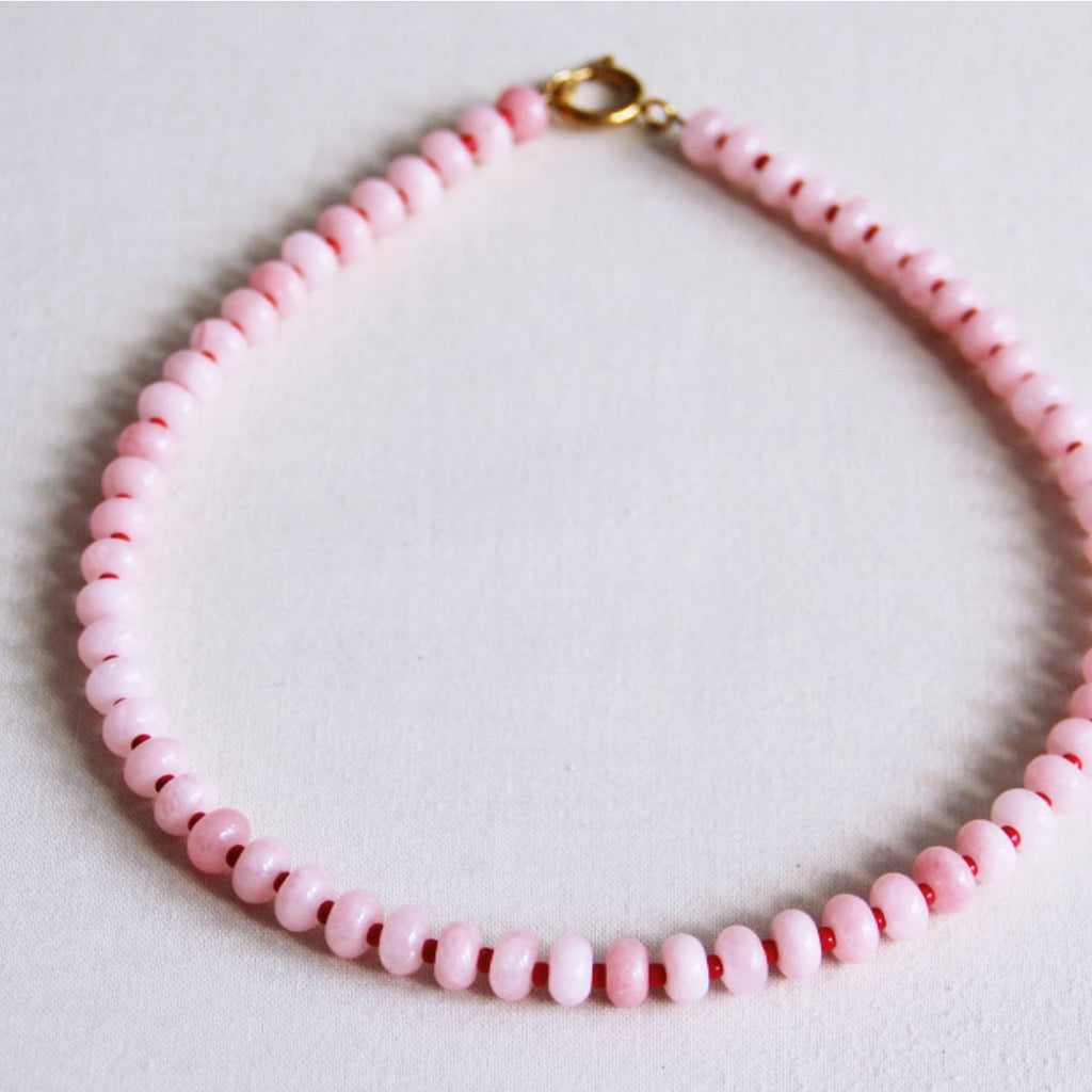 Natural Stone Donut Bead ketting - lichtroze/rood