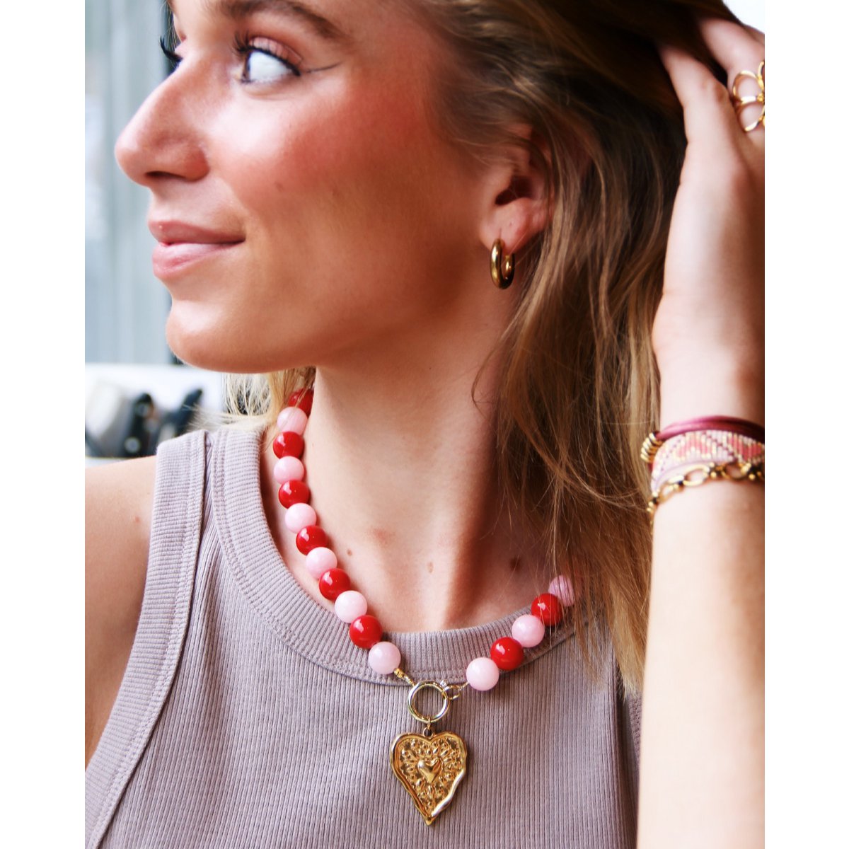 BAZOU Natuurlijke stenen kralenketting xl - rood/roze