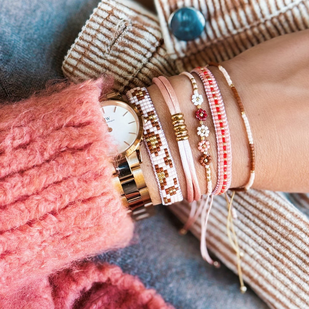 BAZOU Weefarmband met luipaardprint - cognac/perzik